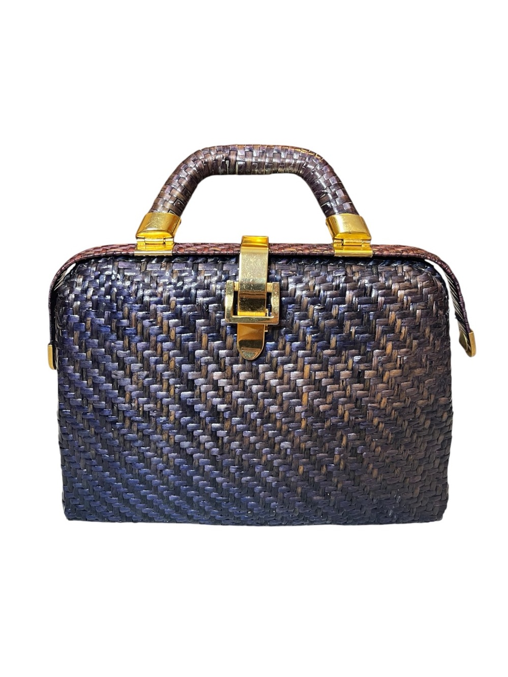 Vintage Walborg Woven Structured Top Handle Handbag Navy Blue Hong Kong MCM